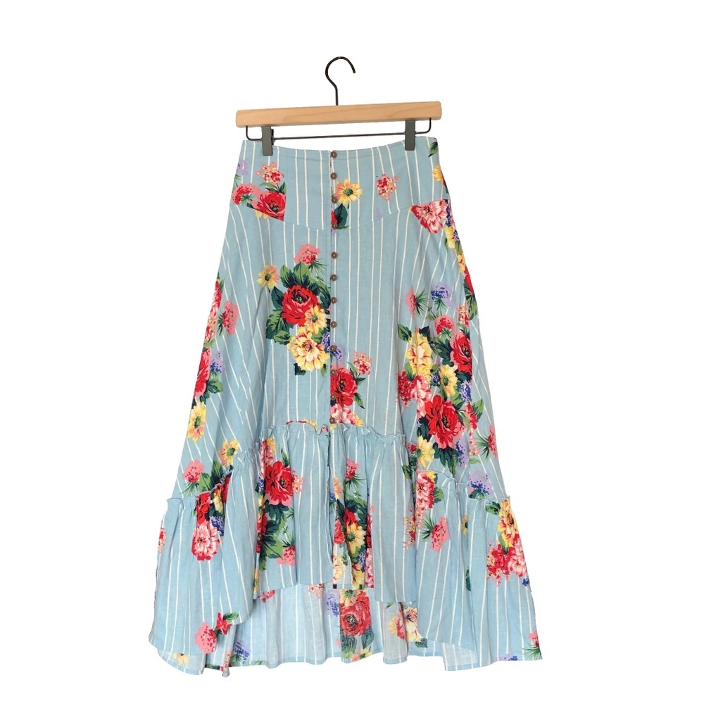 Maeve by Anthropologie Linen Blend Midi Skirt Pinstripe Floral